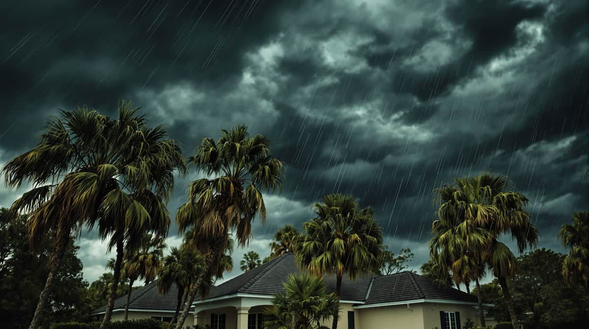 Gulf Coast homeowner on a ladder inspecting their roof before hurricane season in South Alabama, checking for loose architectural shingles, damaged flashing, and exposed nail heads that could allow wind-driven rain intrusion during storms with 140 to 160 mph gusts common in Mobile County and Baldwin County coastal areas