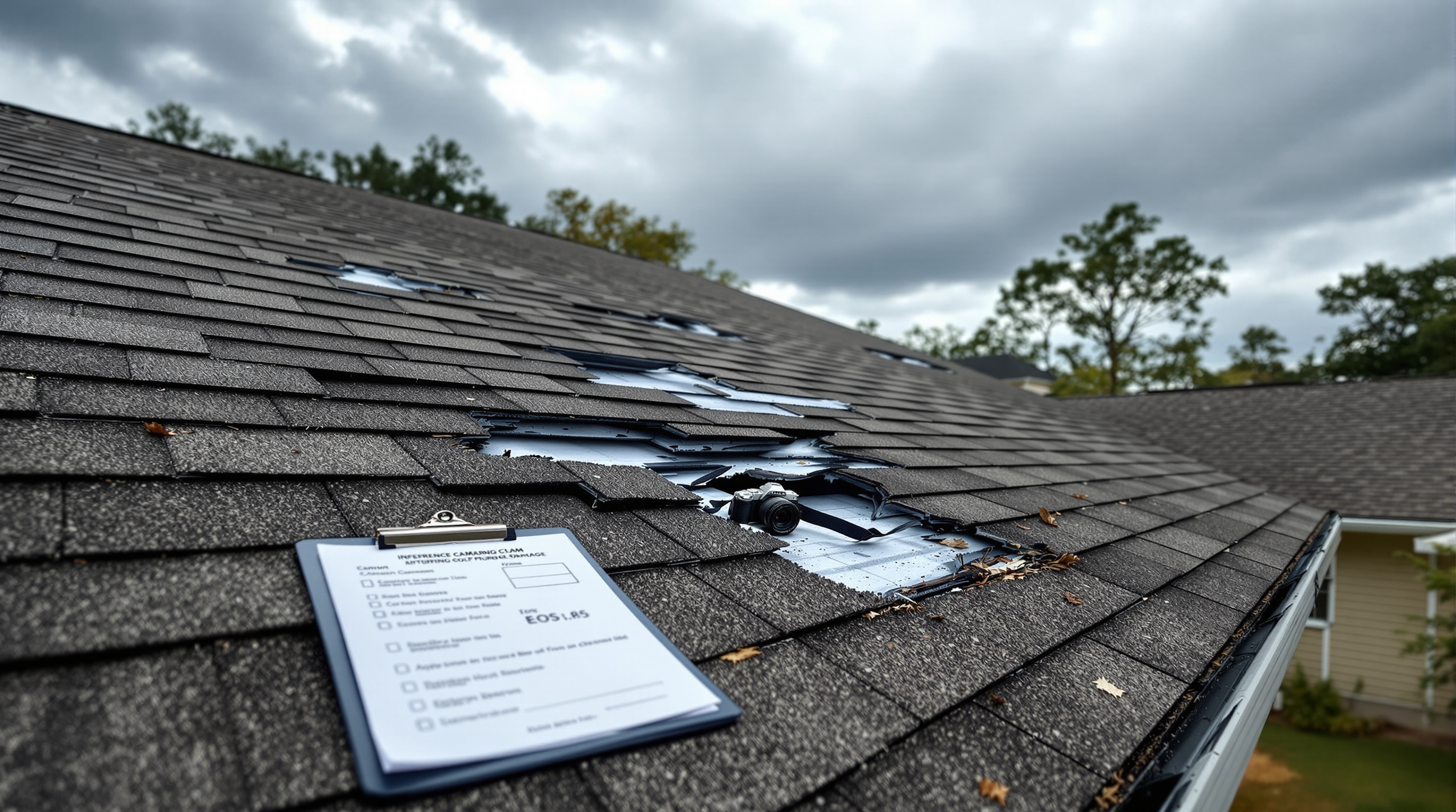 Close-up photograph documenting storm damage on an Alabama roof for an insurance claim showing wind-lifted shingles, exposed underlayment, and debris impact marks after a Gulf Coast storm, the type of roof repair evidence Southern Roofing Systems helps homeowners in Mobile County gather before filing with their insurance adjuster