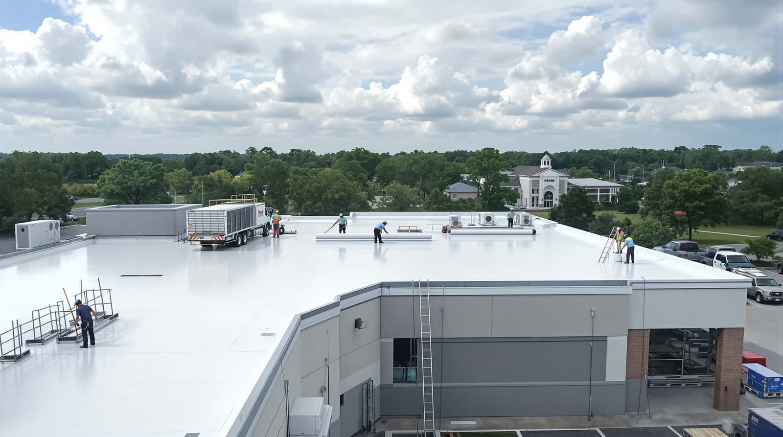 Commercial roofing installation on a business property in Fairhope, Baldwin County, Alabama by Southern Roofing Systems showing TPO membrane welding with hot air gun and fully adhered insulation board attachment meeting ASCE 7 Wind Zone III wind uplift requirements for Gulf Coast commercial properties with polyiso insulation and mechanically fastened edge metal designed for 140 to 160 mph design wind speeds across Baldwin County