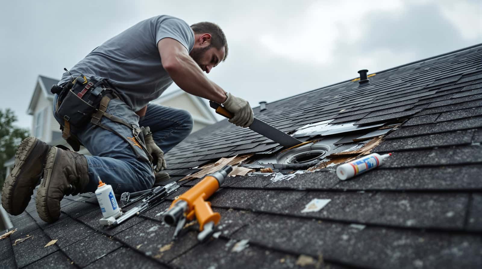 Roof repair in progress on a residential home in Mobile County, Mobile County, Alabama by Southern Roofing Systems showing targeted flashing replacement and shingle repair using wind-rated materials meeting ASCE 7 Wind Zone III specifications for Gulf Coast conditions with ring-shank nails and EPDM pipe boot replacements rated for 140 to 160 mph design wind speeds and 66 inches of annual rainfall exposure across Mobile County