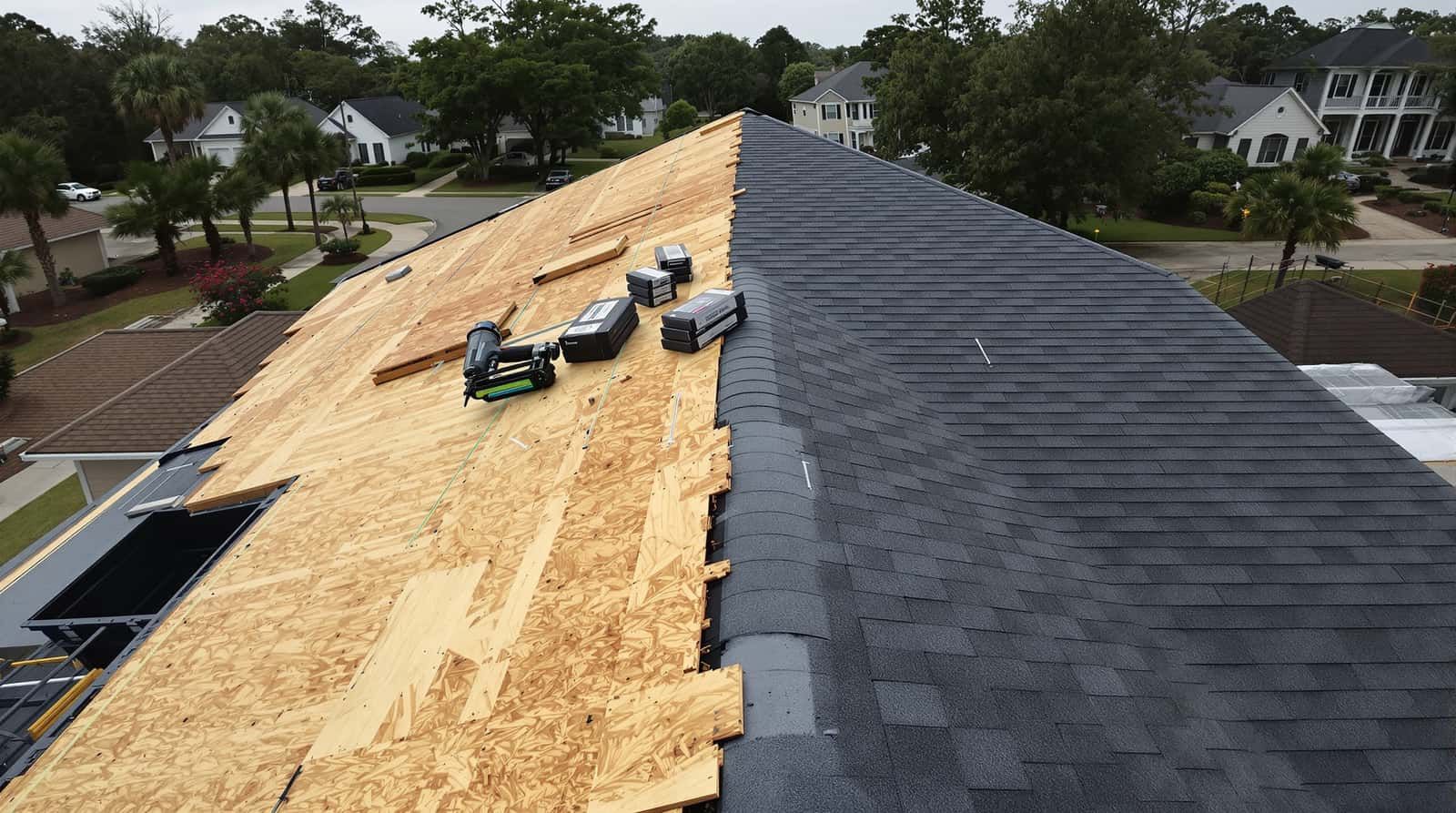 Roof replacement project completed on a residential home in Fairhope, Baldwin County, Alabama by Southern Roofing Systems showing new architectural shingles installed over sealed roof deck with synthetic underlayment and ASTM D7158 Class H wind-rated materials meeting ASCE 7 Wind Zone III specifications for Gulf Coast hurricane conditions with six-nail fastener patterns and ice and water shield membrane at eaves rated for 140 to 160 mph design wind speeds across the Baldwin County coastal climate