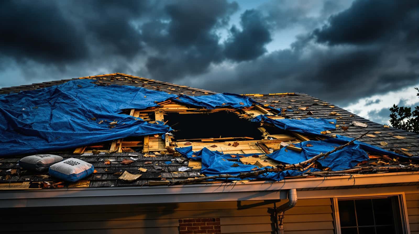 Storm damage roof repair on a residential home in Foley, Baldwin County, Alabama by Southern Roofing Systems showing emergency tarping and wind uplift damage assessment after Gulf Coast tropical storm with insurance claim documentation for Baldwin County homeowners including timestamped photographic evidence of shingle loss and flashing failure caused by 140 to 160 mph wind gusts common during hurricane season across the coastal Alabama region