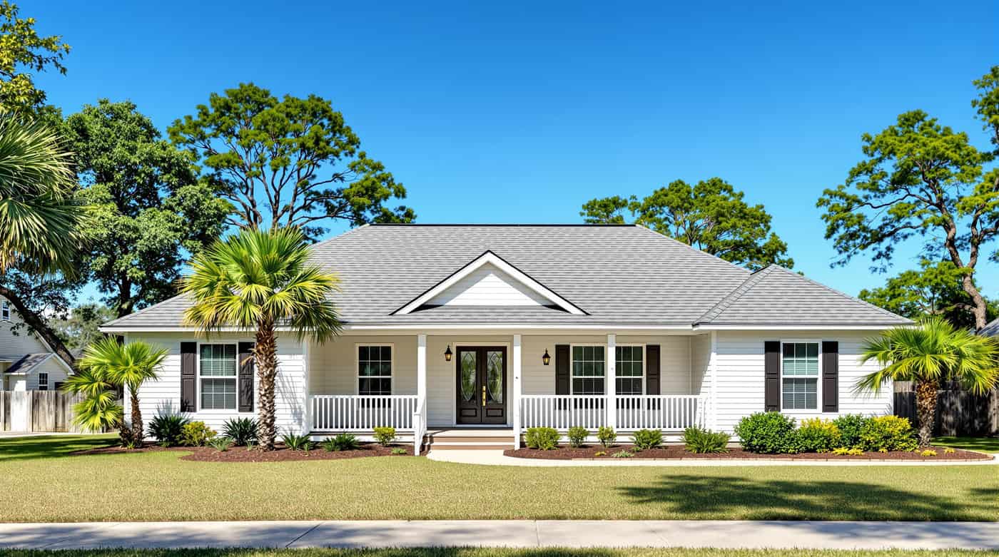 Coastal home in Gulf Shores, Alabama with a new wind-rated roof installed by Southern Roofing Systems featuring architectural shingles and sealed roof deck meeting ASCE 7 Wind Zone III specifications for Gulf Coast hurricane conditions including salt air corrosion resistance and enhanced fastener patterns required within Baldwin County coastal exposure zones