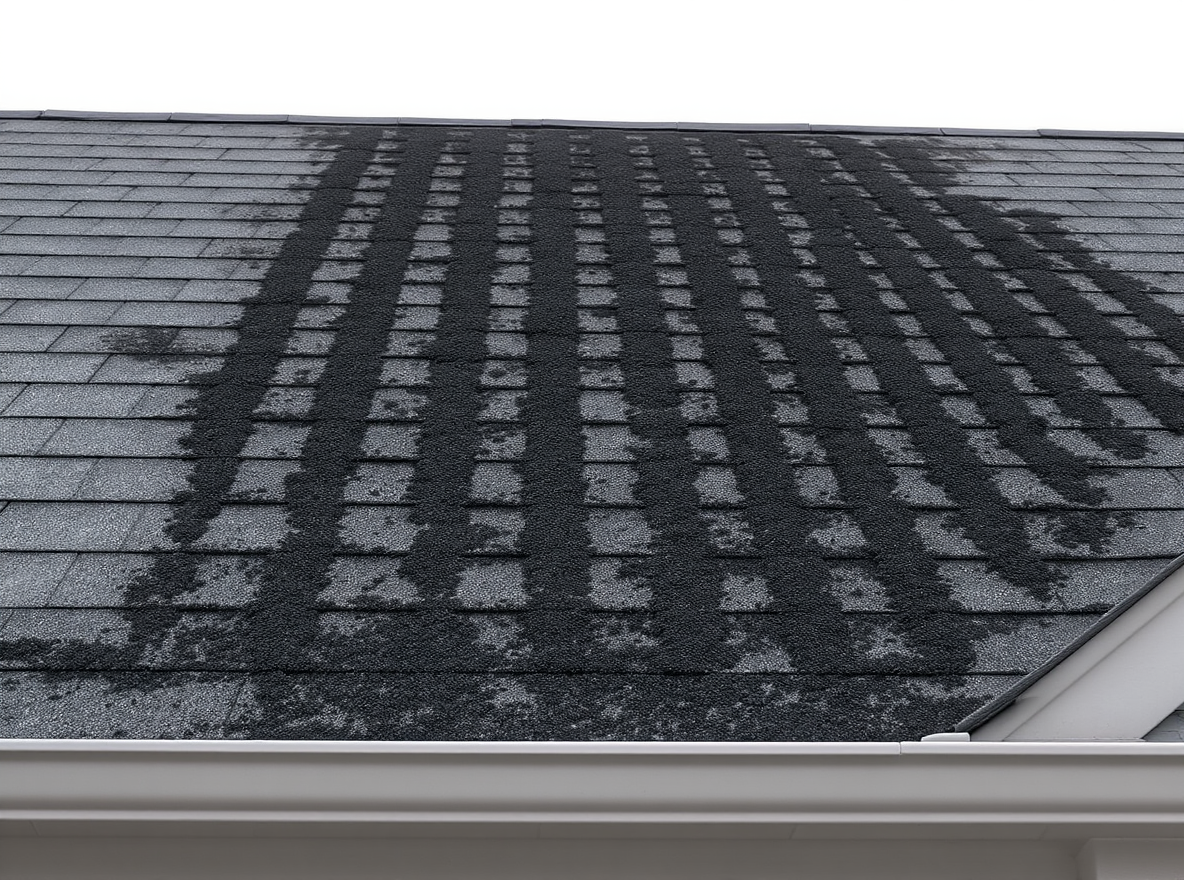 Severe algae growth and granule loss on architectural asphalt shingles in Mobile, Alabama showing black streaks caused by Gloeocapsa magma algae consuming limestone filler in humid Gulf Coast conditions requiring professional roof assessment and treatment by licensed roofing contractor