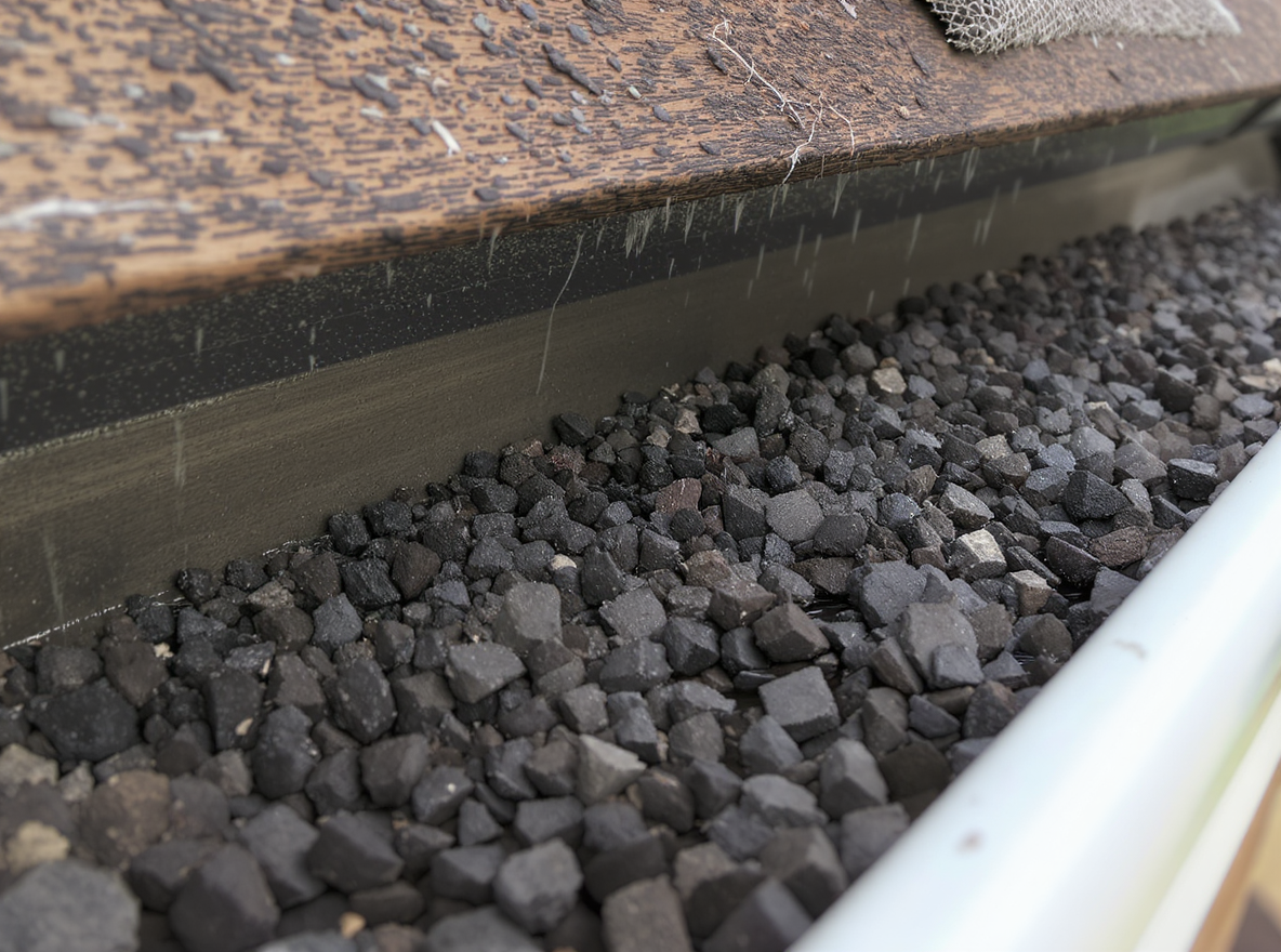 Excessive granule loss found in gutters during roof inspection in Foley, Baldwin County, Alabama. The southern latitude UV exposure causes premature asphalt shingle deterioration requiring assessment by experienced roofing contractors familiar with Gulf Coast conditions