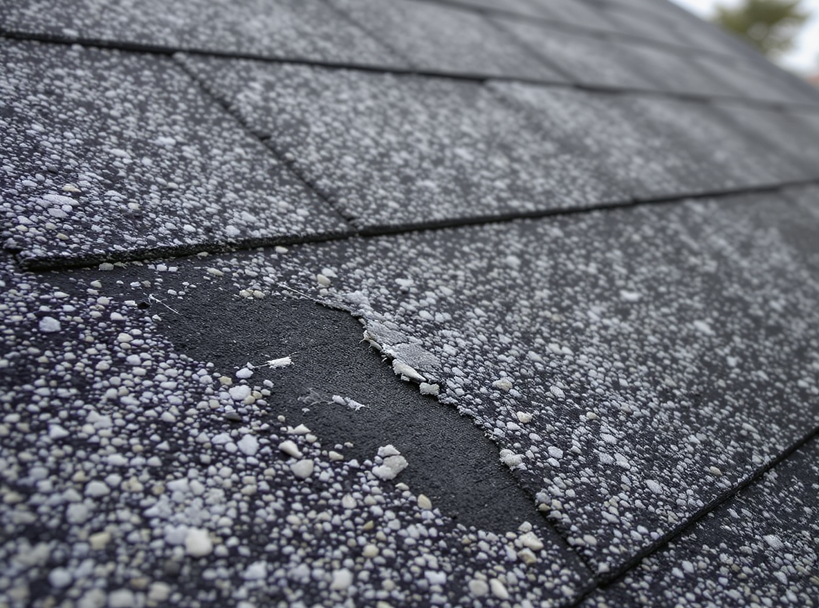 Hail bruising damage on asphalt shingles found during roof inspection in Bay Minette, Baldwin County, Alabama. North Baldwin County's inland position creates tornado-producing supercells that deliver hail damage requiring immediate assessment by licensed roofing contractor to prevent future leak and structural issues