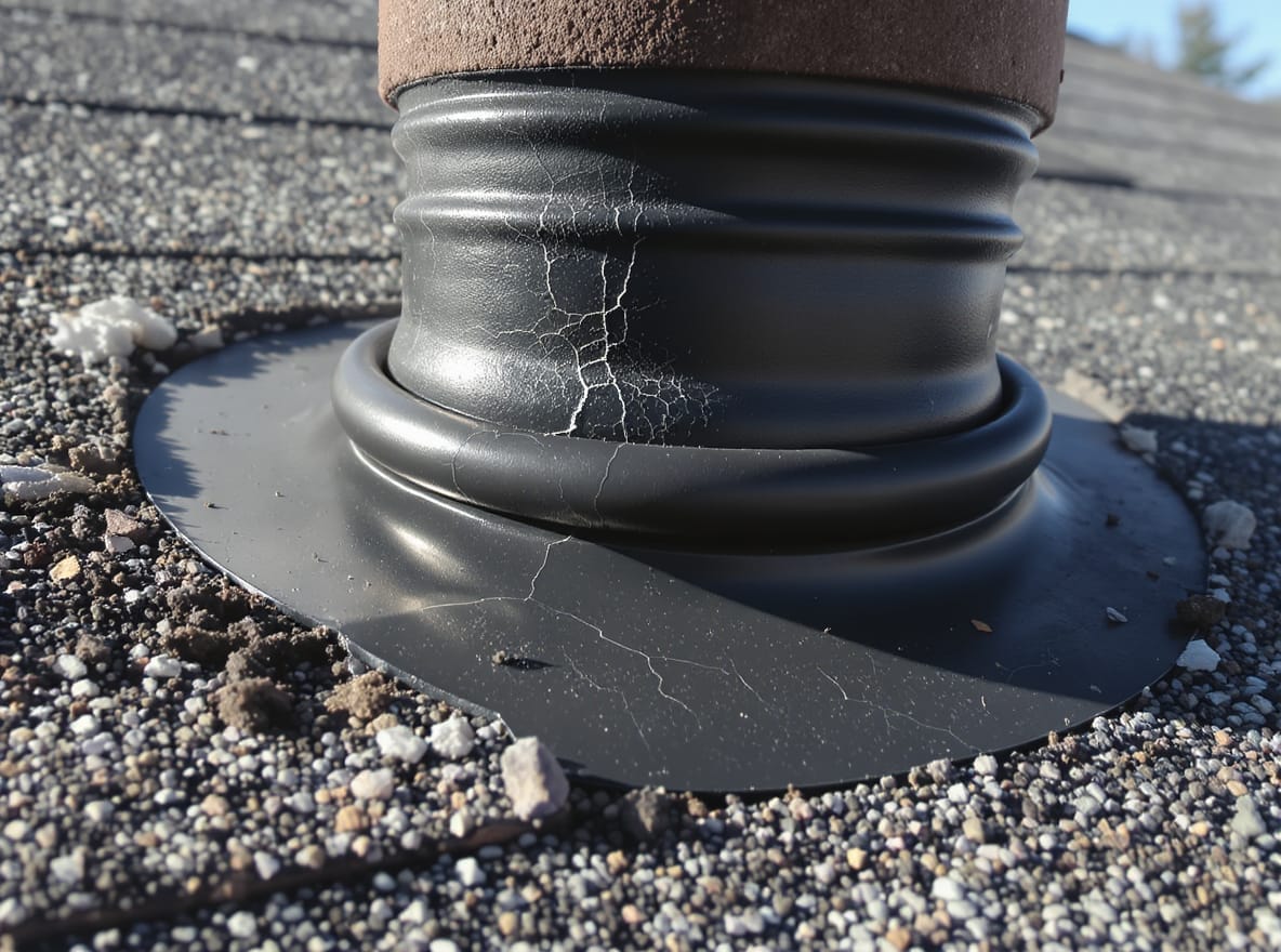 Failed pipe boot seal and deteriorated rubber gasket discovered during roof inspection in Creola, Mobile County, Alabama, showing typical failure pattern from Gulf Coast humidity requiring immediate repair by licensed roofing contractor to prevent water damage