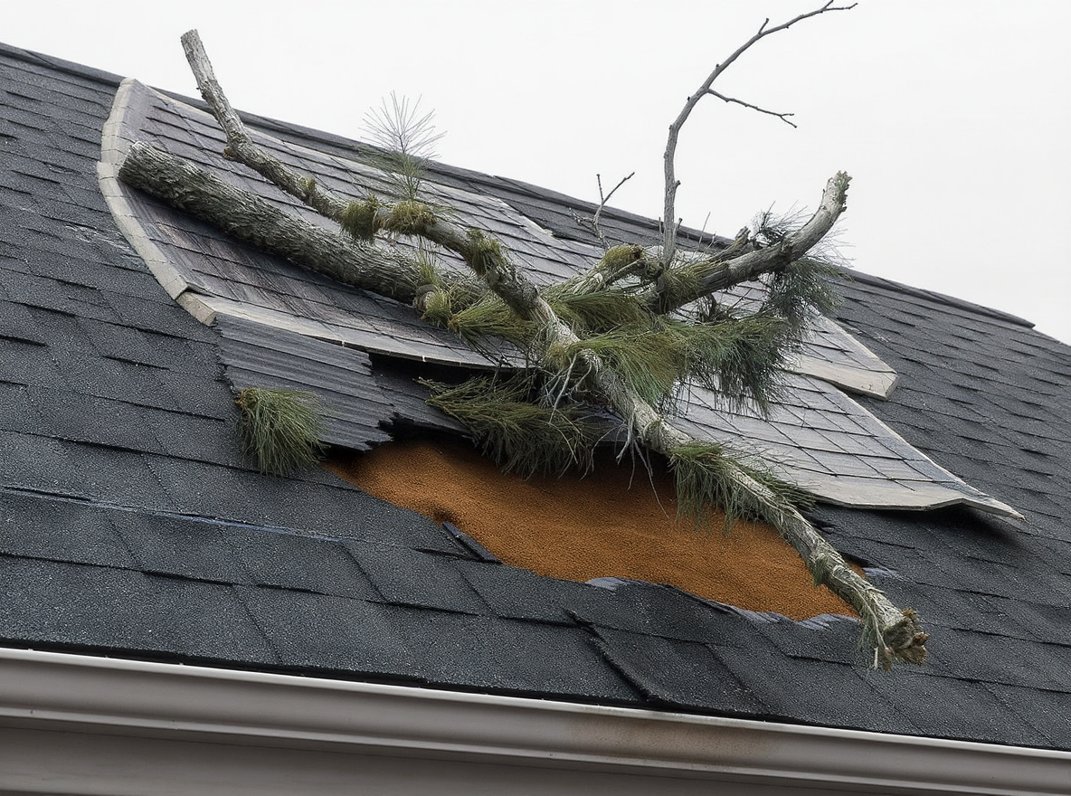 Massive tree limb penetrating through roof sheathing and underlayment on Semmes home, showing typical storm damage pattern from mature oak trees common in Mobile County's rural residential areas where large-lot development places homes directly under canopy coverage requiring emergency roof repair