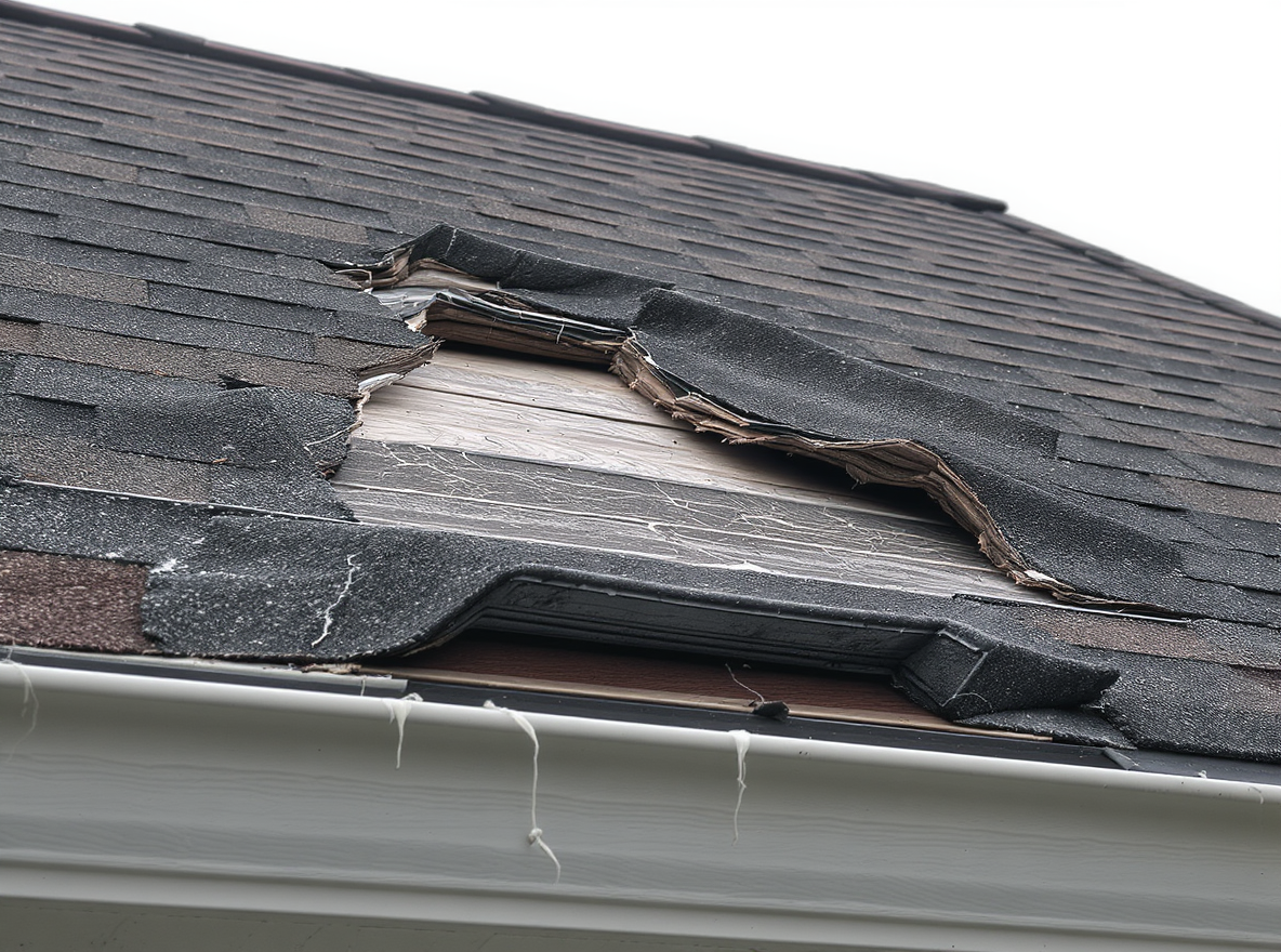 Wind uplift damage on architectural shingles found during roof inspection in Foley, Baldwin County, Alabama. Hurricane-force winds exploit weakened sealant strips on roofs throughout residential neighborhoods requiring immediate roofing contractor assessment
