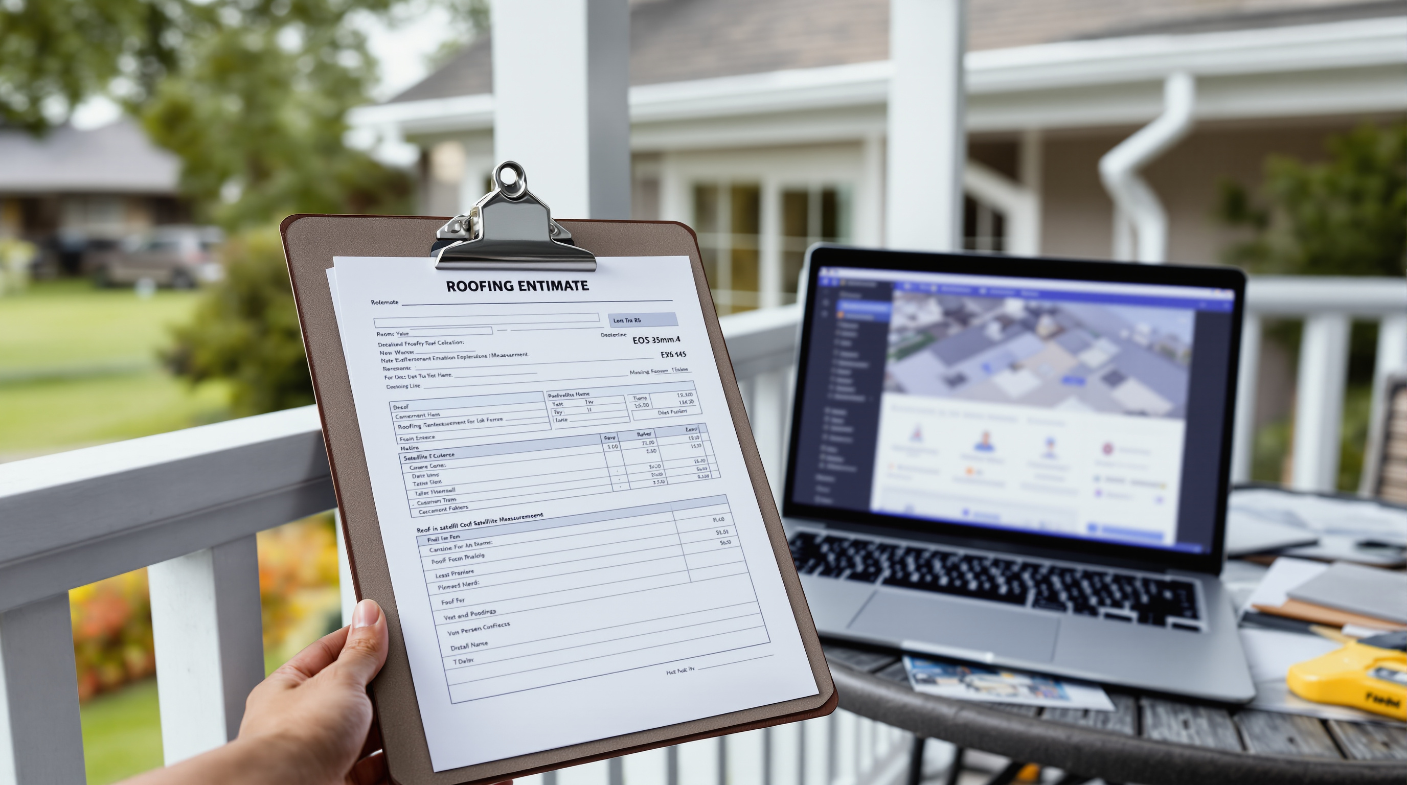 Roofing contractor presenting a detailed written roof replacement estimate to a Baldwin County homeowner, showing material specifications for architectural shingles and standing seam metal options rated for Wind Zone III conditions with 140 to 160 mph wind resistance, including FORTIFIED roof upgrade pricing and insurance premium savings calculations for Alabama properties