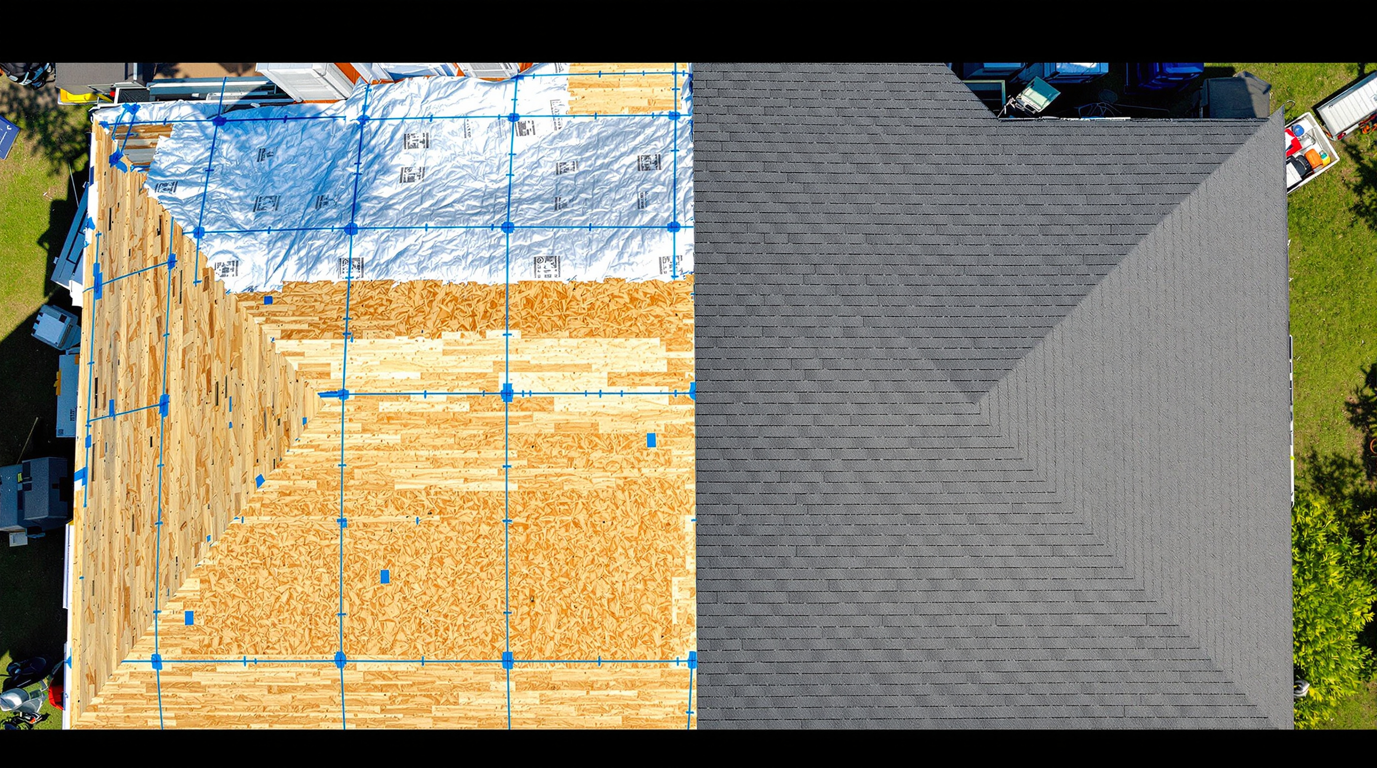 Professional roof replacement installation in progress on a Gulf Coast home in Mobile County Alabama, with roofers applying sealed roof deck underlayment and six-nail pattern shingle attachment designed to withstand hurricane-force winds, salt air corrosion, and heavy rainfall typical of coastal Alabama roofing projects