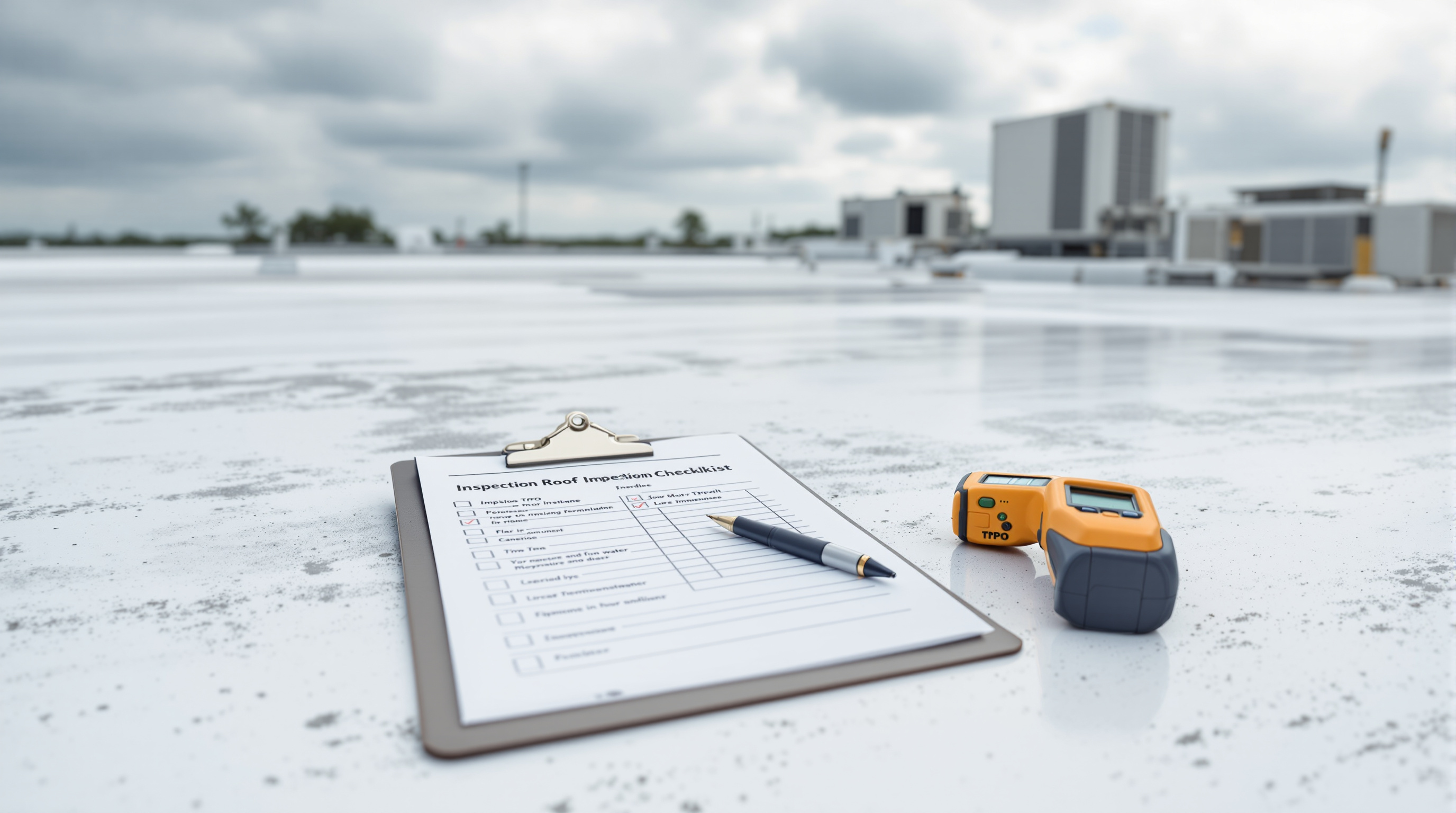 Scheduled commercial roof maintenance inspection on a Gulf Coast building where a roofing contractor checks TPO membrane seam condition and re-seals penetration flashings to extend flat roof service life by 5 to 8 years, preventing costly emergency repairs caused by undetected drain blockage and sealant degradation in Mobile County Alabama