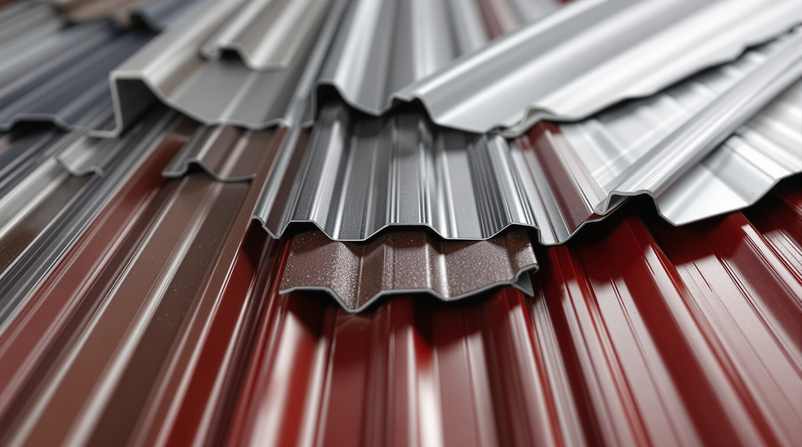 Cross-section display of standing seam concealed fastener and structural R-panel exposed fastener commercial metal roofing profiles available for South Alabama businesses, showing Galvalume substrate with PVDF coating in multiple color options rated for 35 to 50 year service life and 140 to 160 mph wind zones across Mobile County and Baldwin County