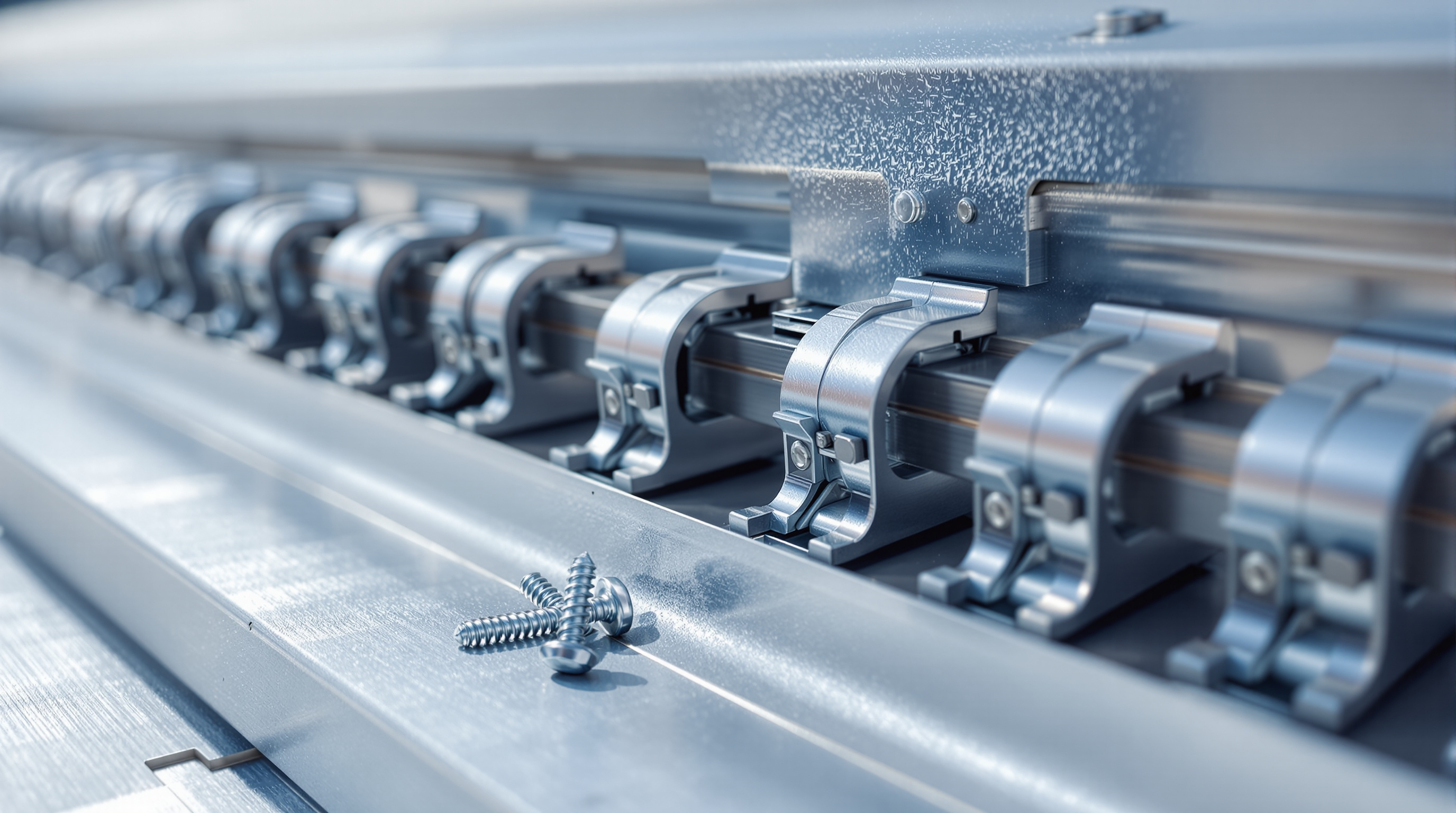 Engineered concealed fastener clip system securing standing seam commercial metal roofing panels to a structural deck in Gulf Coast Alabama, with clip spacing calculated per UL 90 wind uplift requirements for 150 mph resistance and thermal expansion allowances that accommodate the daily temperature swings on commercial roofs in Mobile and Baldwin County