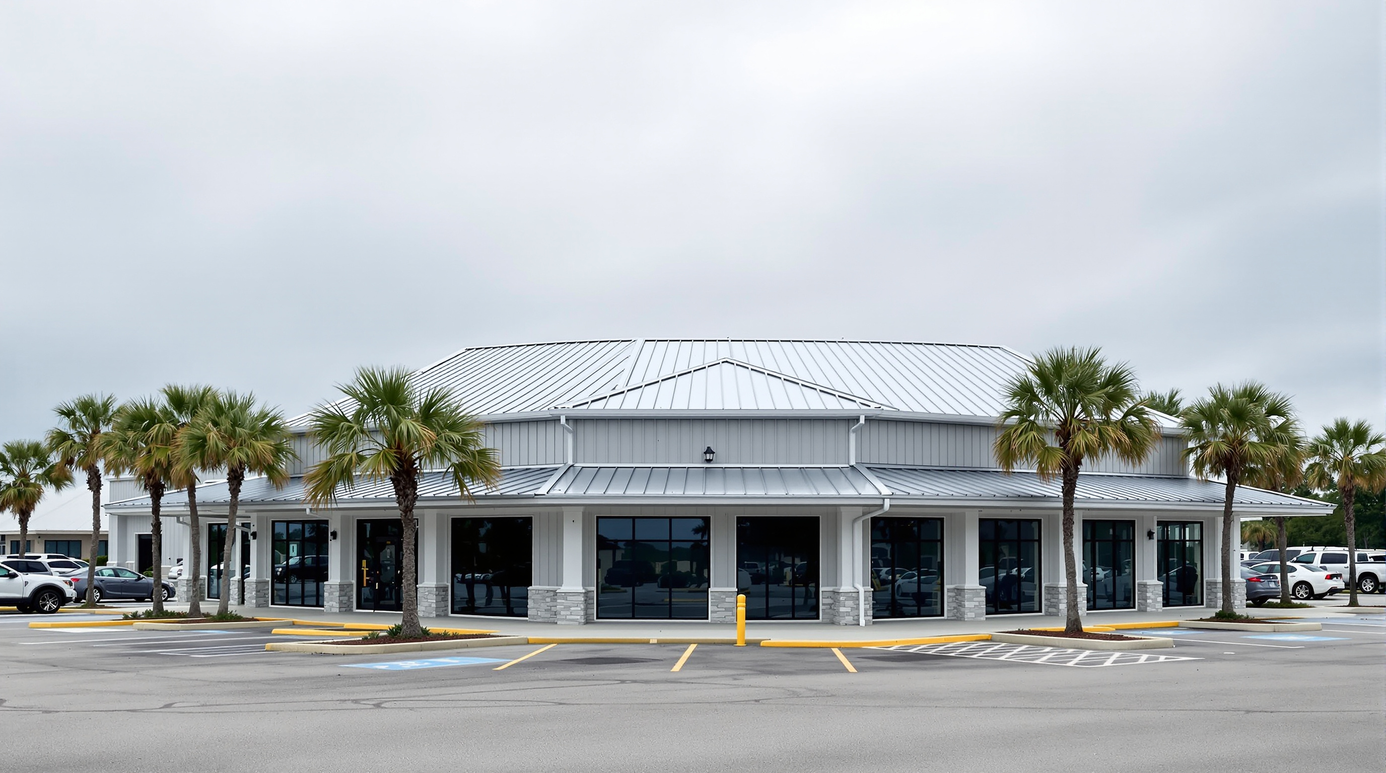 Completed commercial standing seam metal roof with concealed fastener Galvalume panels on a business building in Mobile County Alabama, demonstrating the 35 to 50 year service life and superior hurricane performance that makes commercial metal roofing the lowest total-cost-of-ownership option for Gulf Coast properties in Wind Zone III with salt air resistant PVDF coatings