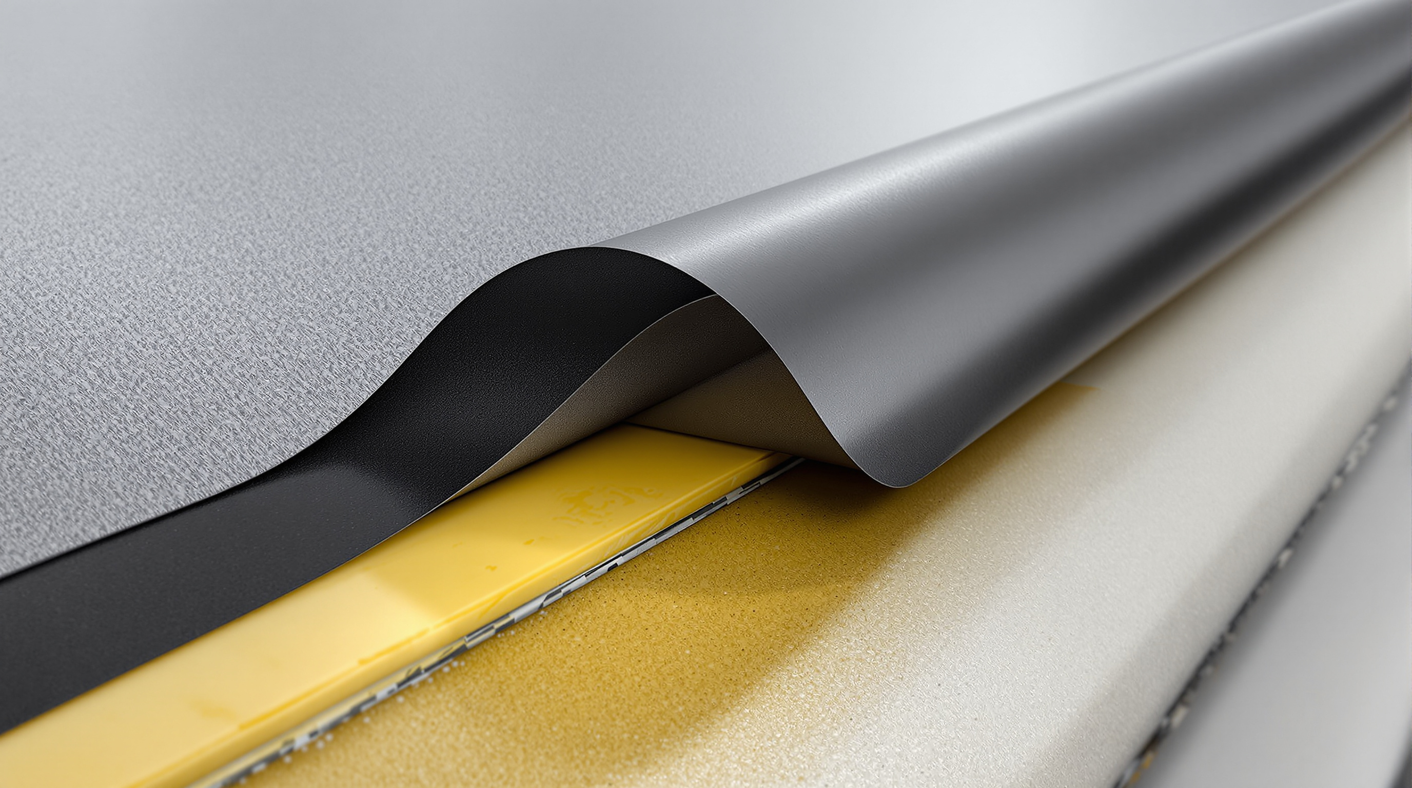 Detail photograph of fully adhered EPDM synthetic rubber membrane bonded to insulation substrate on a commercial flat roof in Mobile County Alabama, showing the adhesive application method that distributes wind uplift forces across the entire bonded area for Gulf Coast Wind Zone III compliance, with seam tape overlap visible at the membrane joint