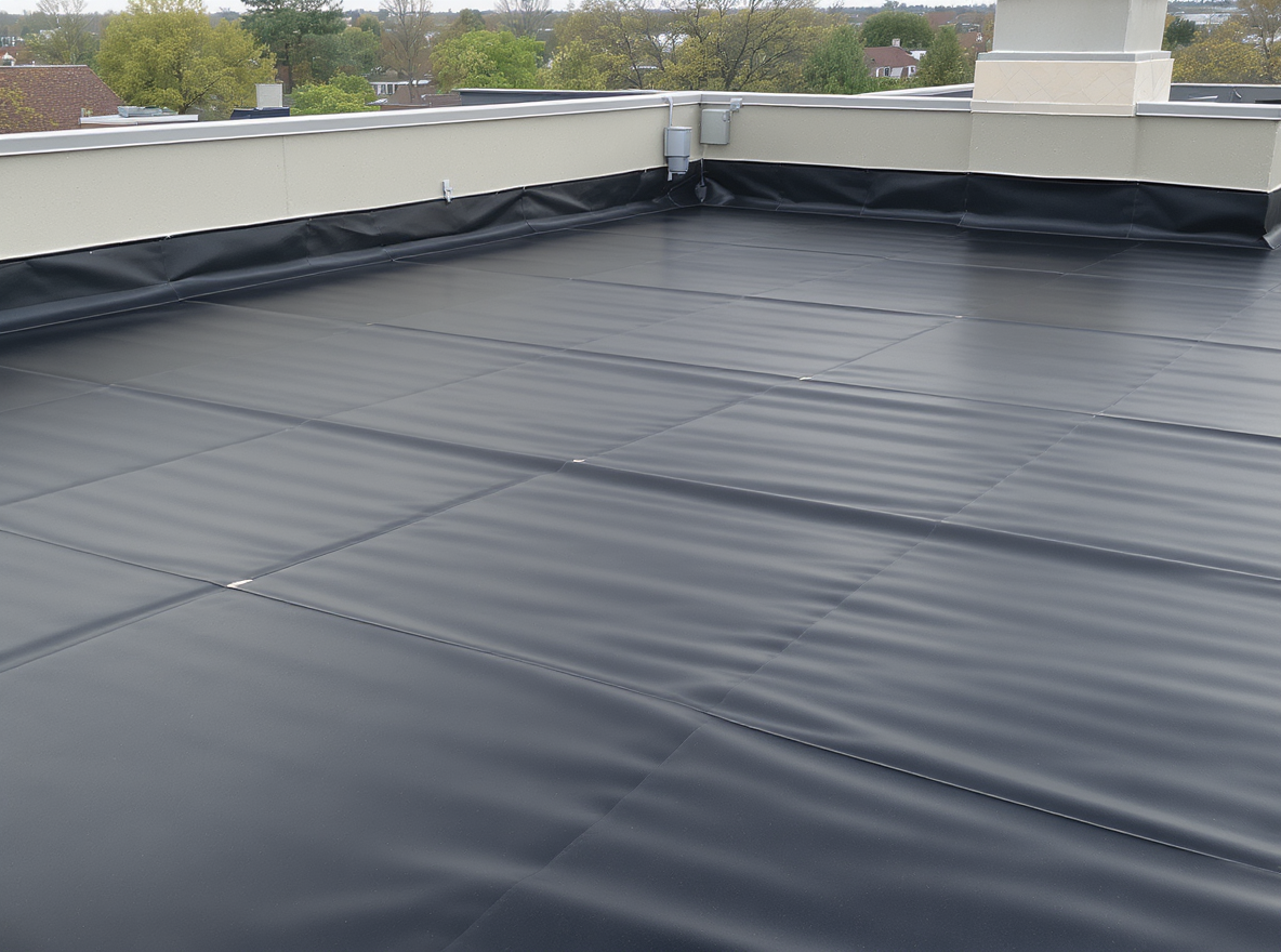 Black 60-mil EPDM synthetic rubber membrane roofing system fully adhered to polyiso insulation on a commercial flat roof building in Mobile Alabama, showing the single-ply rubber material with excellent UV resistance that provides 20 to 30 year service life as the most cost-effective commercial roofing option for Gulf Coast low-slope properties