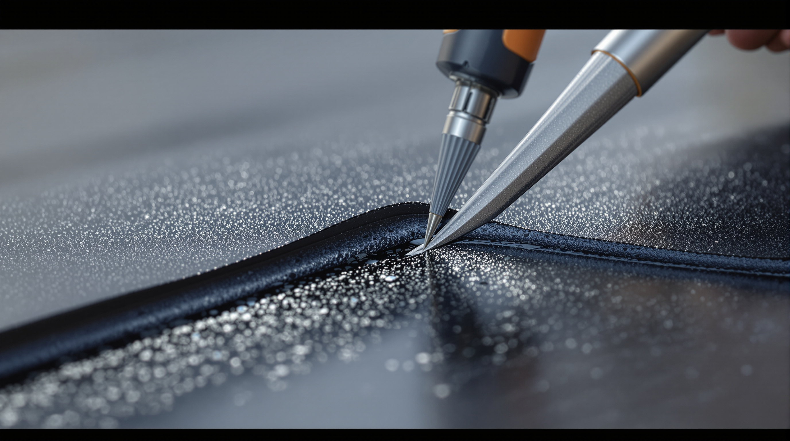Licensed roofing contractor probing EPDM rubber roof adhesive-bonded seams for edge lift during a scheduled maintenance inspection on a Gulf Coast commercial building, checking for the seam separation that develops from extreme thermal cycling and humidity exposure in South Alabama where membrane surface temperatures swing 40 to 70 degrees daily