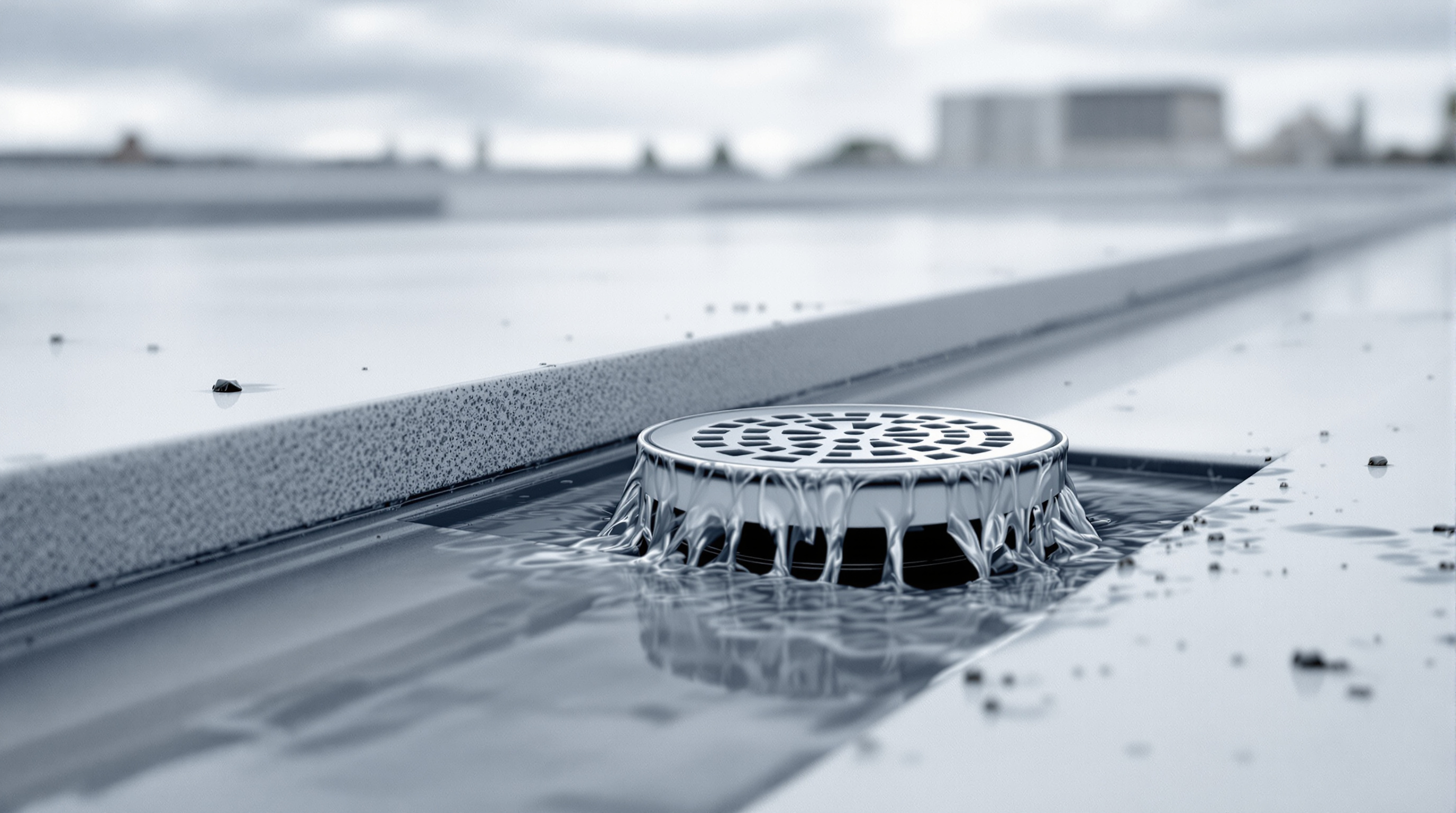 Engineered flat roof drainage system on a Gulf Coast residential property showing tapered polyiso insulation board creating positive slope toward copper scuppers and internal drains, designed by a licensed roofing contractor in Mobile County Alabama to handle 4 to 6 inch per hour rainfall intensity at 10-year storm frequency and prevent the ponding water accumulation that causes premature membrane failure on low-slope roofs in South Alabama humid climate