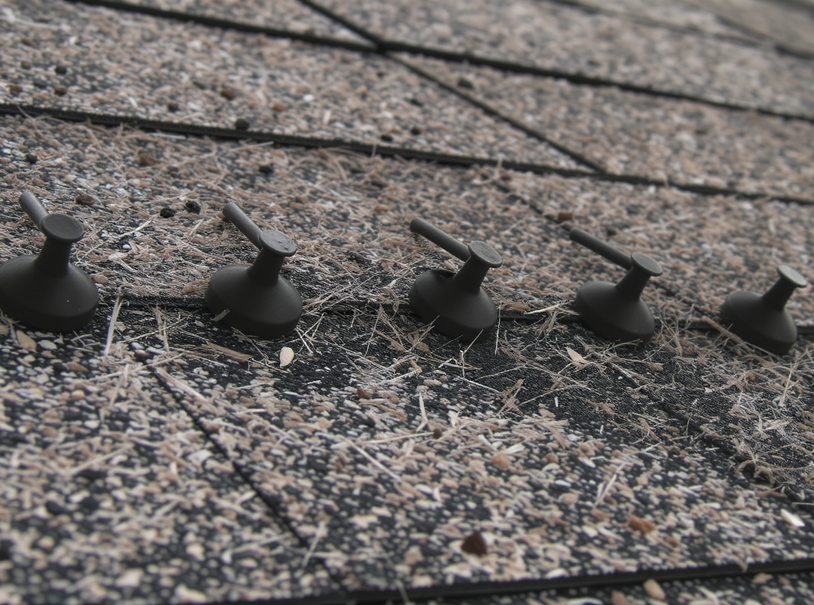 Close-up of ring-shank nail fastening pattern on a Gulf Coast residential roof showing the FORTIFIED Roof compliance layout with nails spaced at 6-inch intervals in the field and 4-inch spacing at perimeters and rakes, the annular-ringed shank design providing 40 to 50 percent greater pull-out resistance than standard smooth-shank nails to resist wind uplift forces during 140 to 160 mph hurricane events in Mobile County and Baldwin County Alabama, a key requirement for IBHS FORTIFIED designation and Strengthen Alabama Homes grant eligibility