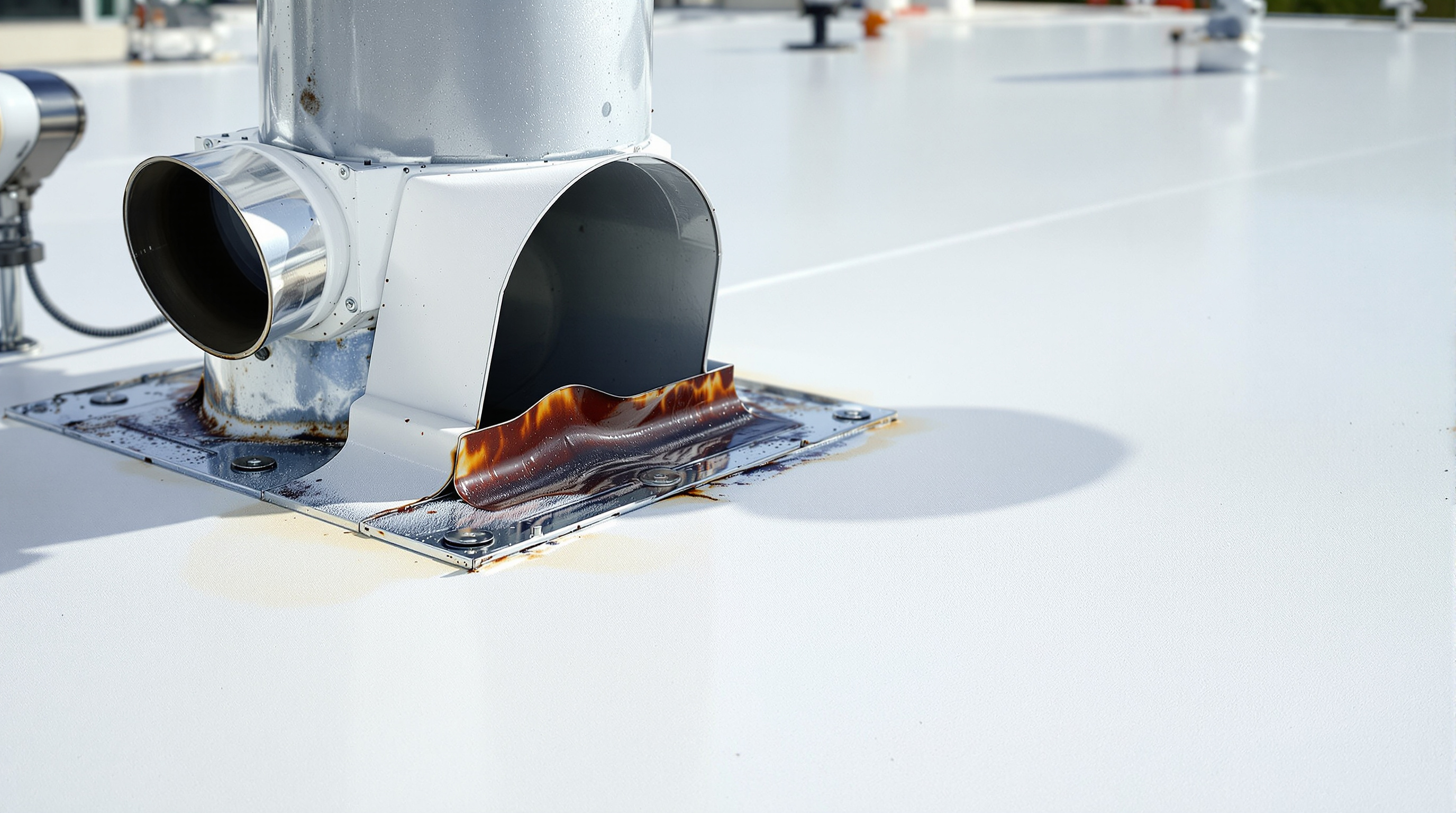 Chemical resistant PVC roofing membrane installed around grease exhaust penetrations on a restaurant flat roof in Mobile Alabama, showing the hot-air welded seams and 60-mil fire rated membrane that resists oils and solvents which degrade TPO and EPDM, providing the highest puncture resistance of any commercial single-ply roofing system on the Gulf Coast