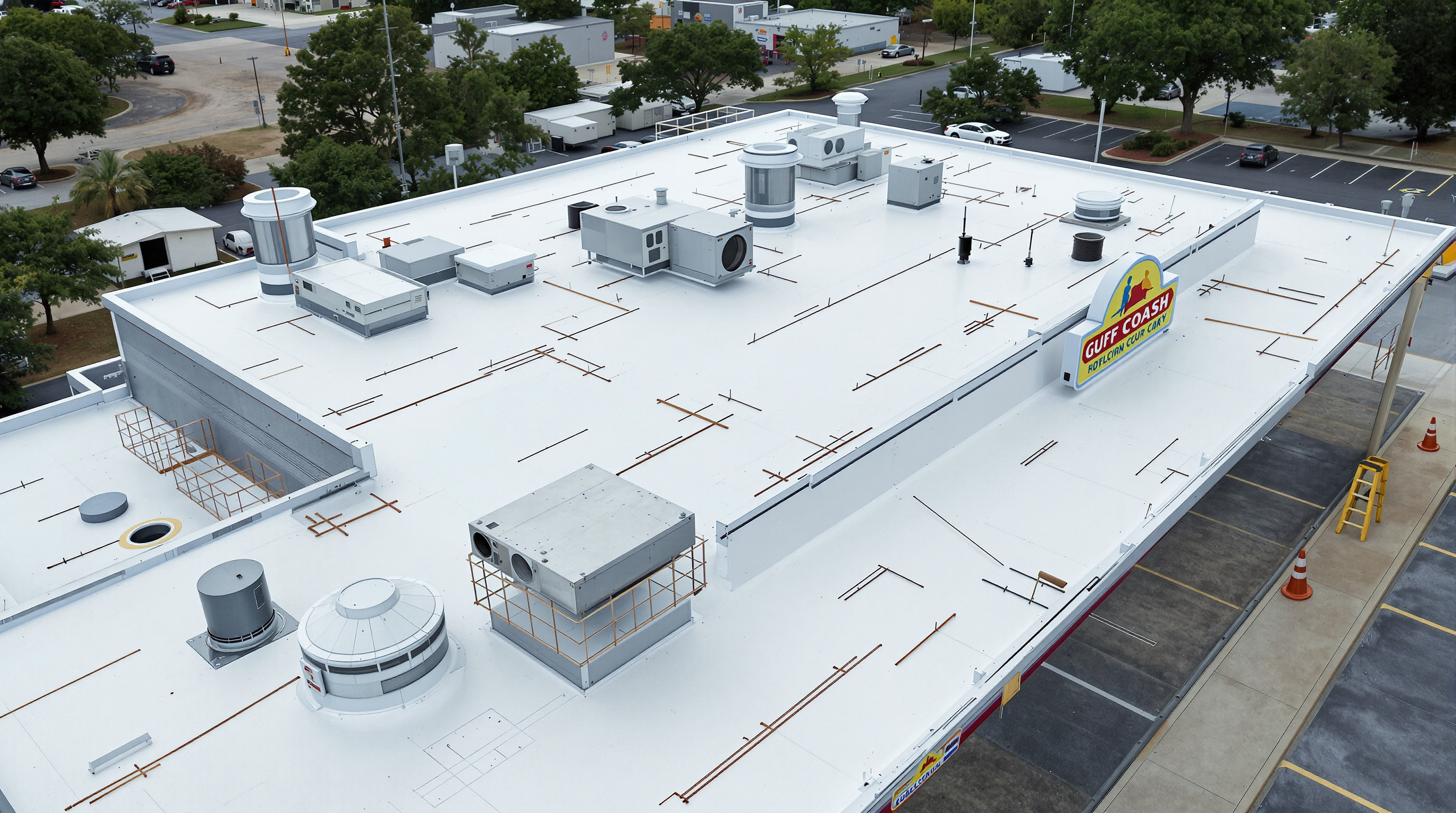 PVC commercial roofing installation on a restaurant building in Baldwin County Alabama with grease resistant membrane flashing detail visible around kitchen exhaust vent penetrations, demonstrating why PVC is the only single-ply specification for food service and industrial buildings where chemical exposure degrades competing flat roof membrane systems