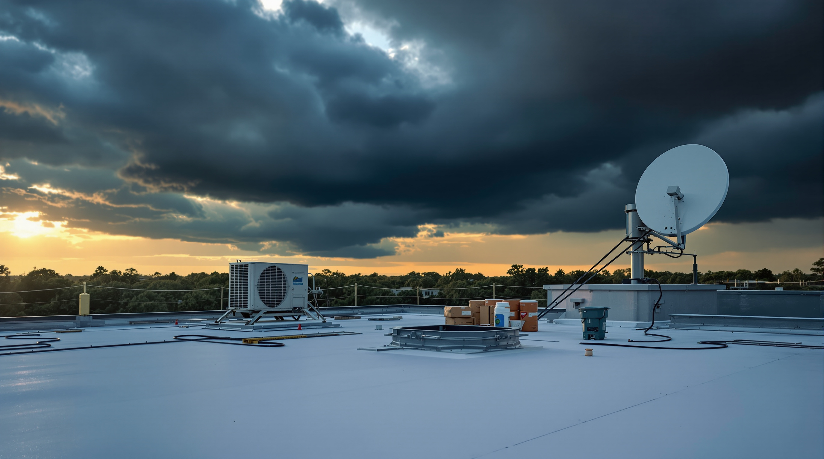 Pre-hurricane season commercial roof inspection on a low-slope flat roof in South Alabama with the roofing contractor verifying edge metal fastener engagement and drain scupper functionality before June 1 storm season, providing critical leak prevention preparation and insurance baseline documentation for Gulf Coast commercial buildings in Mobile and Baldwin County