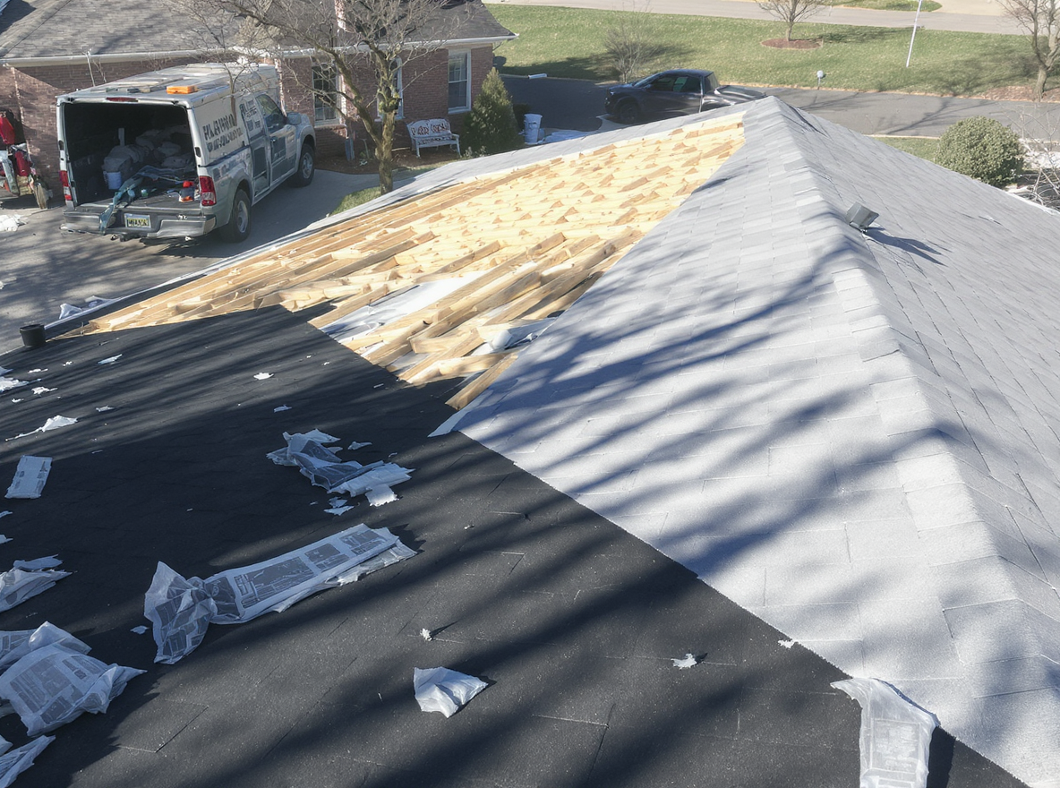 Roof replacement tear-off in progress on a residential home in Mobile County Alabama with roofing contractor crew removing aged three-tab asphalt shingles to expose weathered felt underlayment and OSB decking beneath, preparing the sealed roof deck surface for synthetic underlayment installation in Gulf Coast Wind Zone III where 140 to 160 mph rated systems and six-nail patterns are required for hurricane resistance across South Alabama