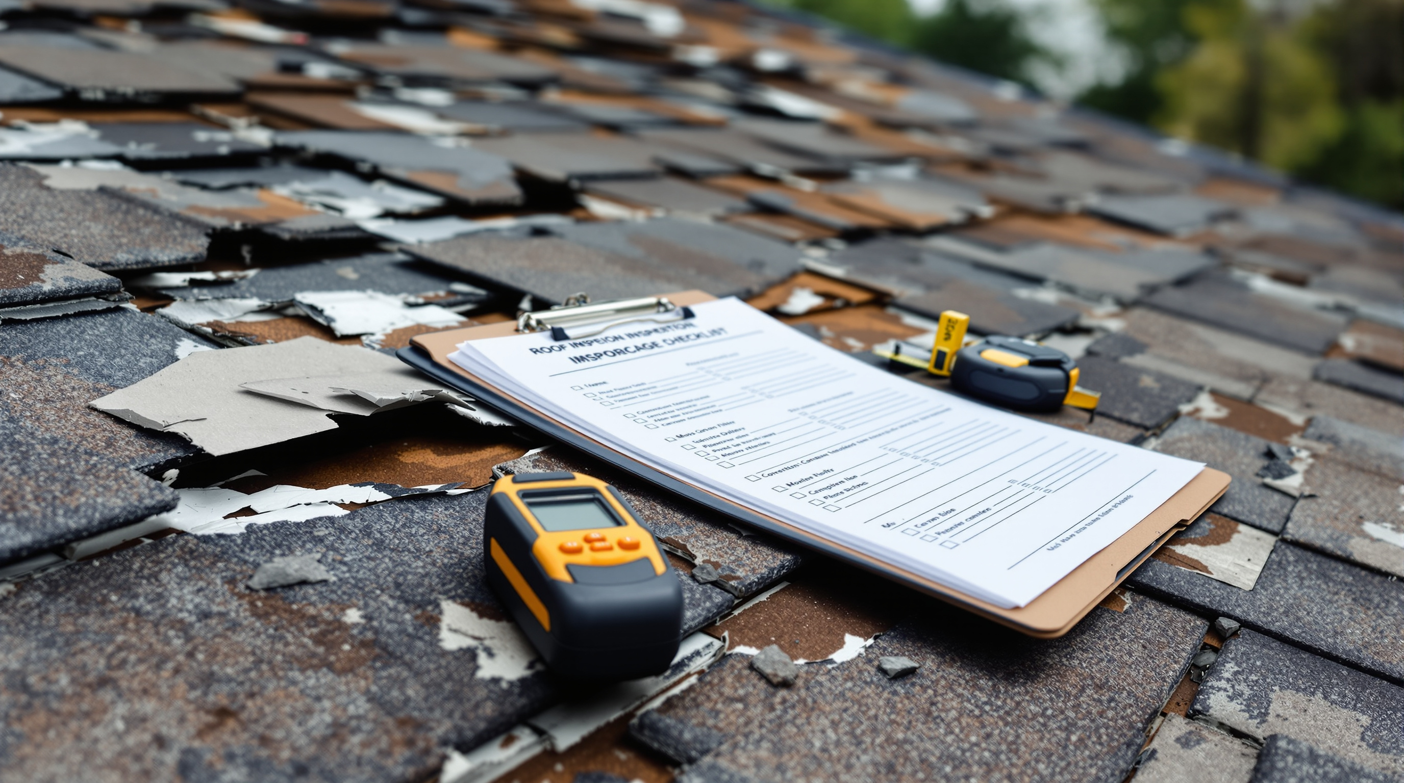 Licensed roofing contractor on a residential roof in Alabama documenting wind damage with a camera and clipboard for an insurance claim assessment before a full roof replacement, capturing granule loss patterns and displaced shingles in the format adjusters require for Gulf Coast storm damage claims in Mobile County and Baldwin County where Hurricane Sally and seasonal tropical systems drive replacement demand