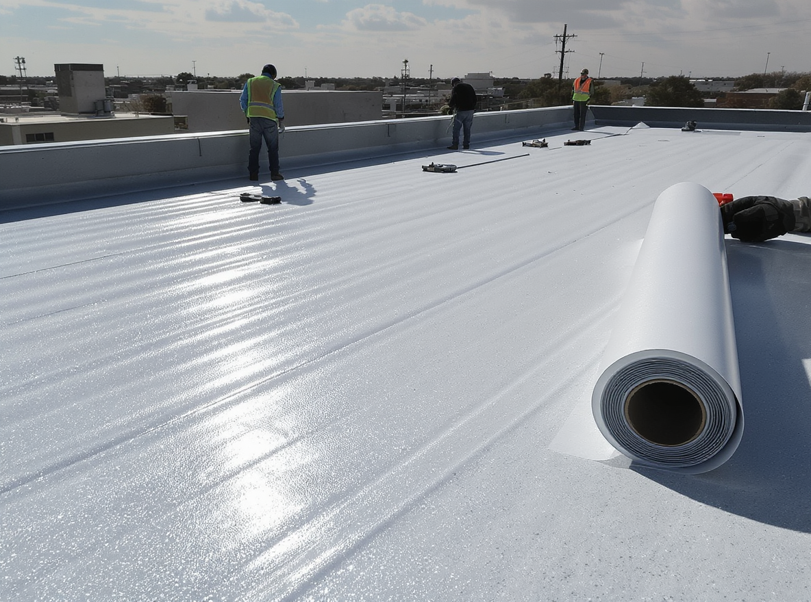 Roofing contractor installing 60-mil TPO membrane on a commercial flat roof in Baldwin County Alabama with mechanically attached polyisocyanurate insulation board below, showing the white ENERGY STAR reflective surface that reduces cooling costs for Gulf Coast businesses and tapered insulation creating positive drainage to prevent ponding water in the 66-inch annual rainfall climate